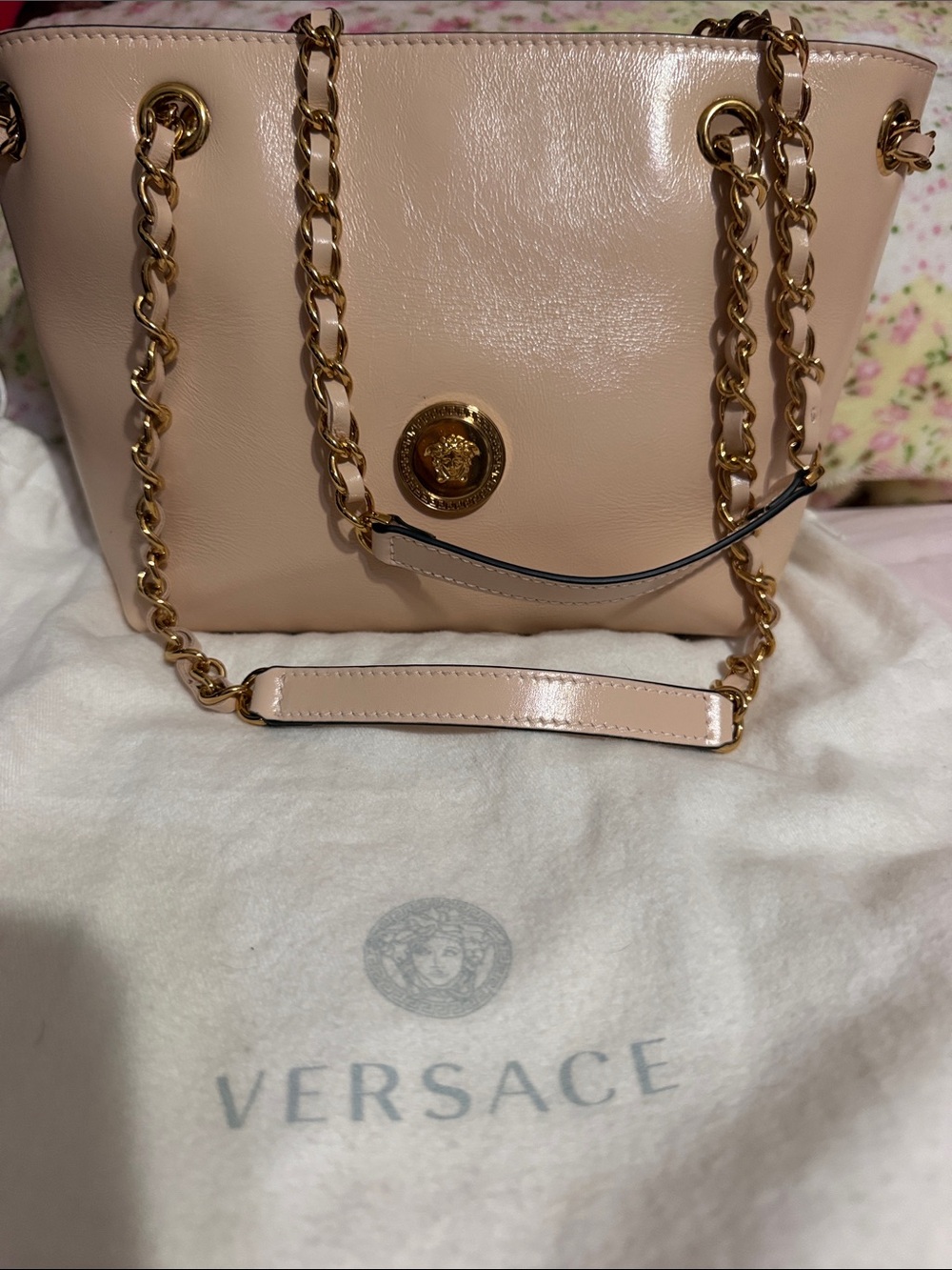 Versace Medusa Nude Beige Patent Leather Chain Tote Bag